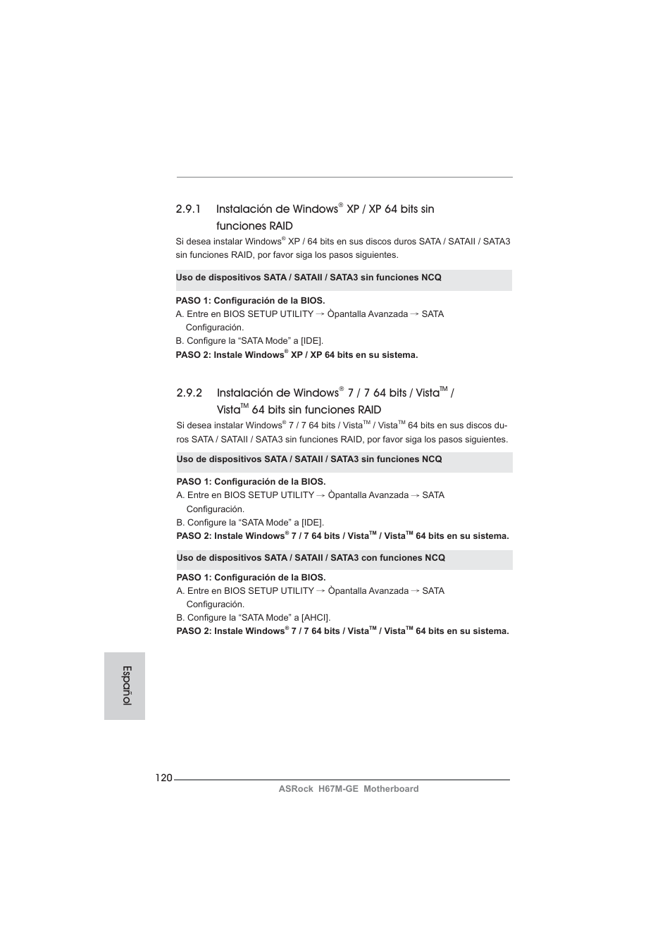 1 instalación de windows, Xp / xp 64 bits sin funciones raid, 2 instalación de windows | 7 / 7 64 bits / vista, Vista, 64 bits sin funciones raid, Español | ASRock H67M-GE User Manual | Page 120 / 253
