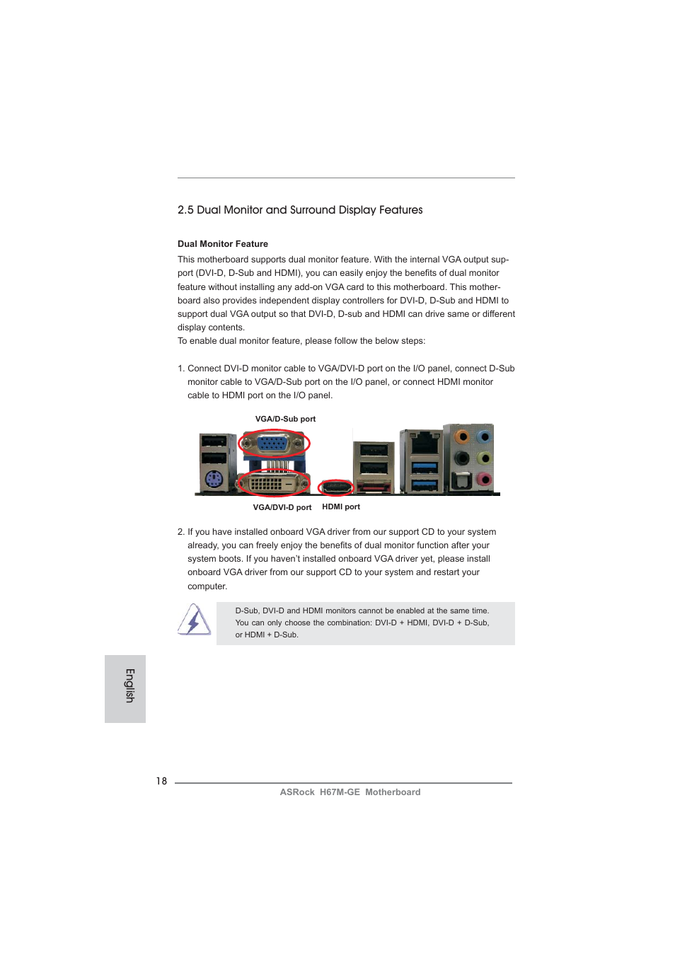 English, 5 dual monitor and surround display features | ASRock H67M-GE User Manual | Page 18 / 253