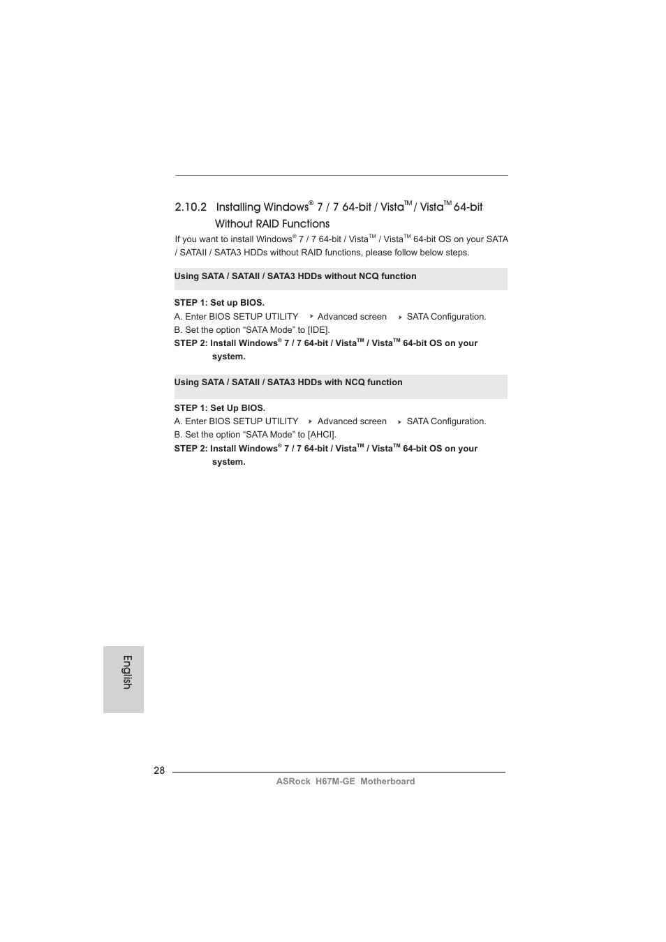 2 installing windows, 7 / 7 64-bit / vista, Vista | Bit without raid functions, English | ASRock H67M-GE User Manual | Page 28 / 253
