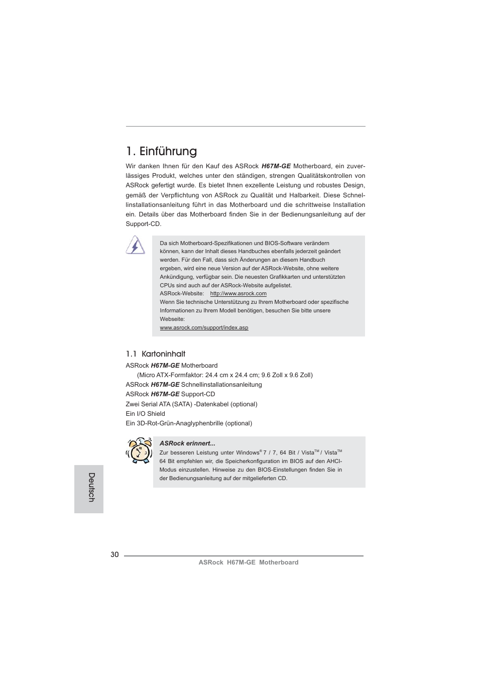 German, Einführung, 1 kartoninhalt | Deutsch | ASRock H67M-GE User Manual | Page 30 / 253