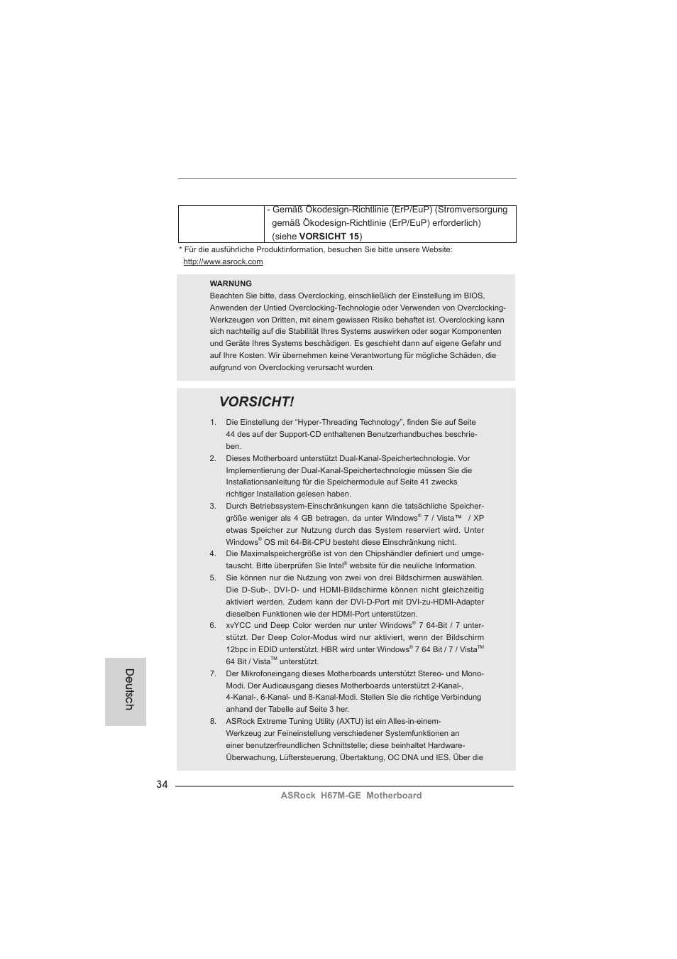 Vorsicht, Deutsch | ASRock H67M-GE User Manual | Page 34 / 253