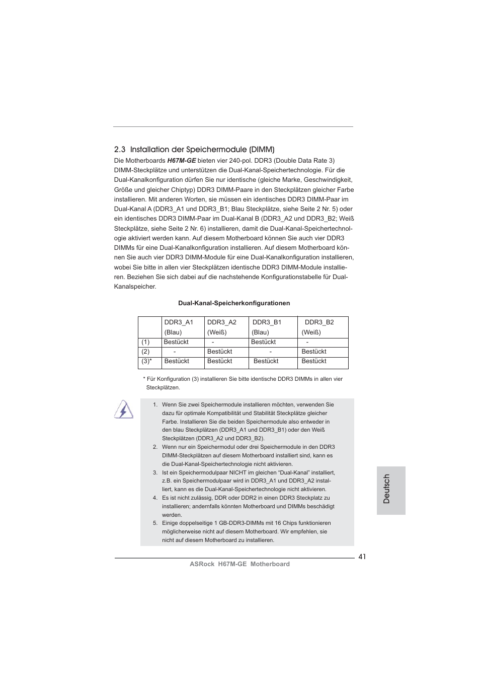 Deutsch 2.3 installation der speichermodule (dimm) | ASRock H67M-GE User Manual | Page 41 / 253