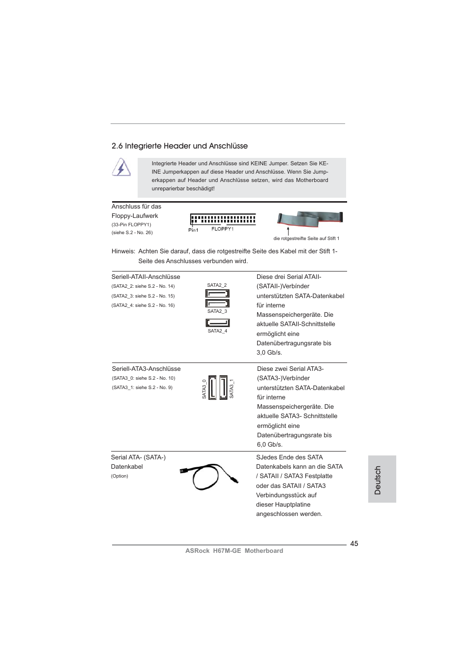 Deutsch, 6 integrierte header und anschlüsse | ASRock H67M-GE User Manual | Page 45 / 253