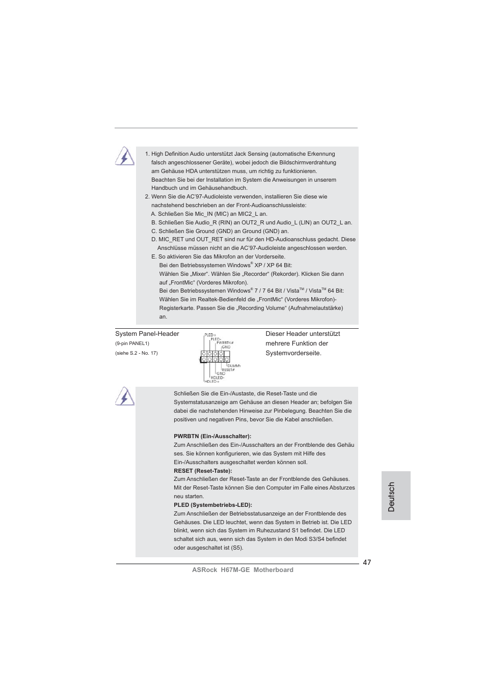 Deutsch | ASRock H67M-GE User Manual | Page 47 / 253