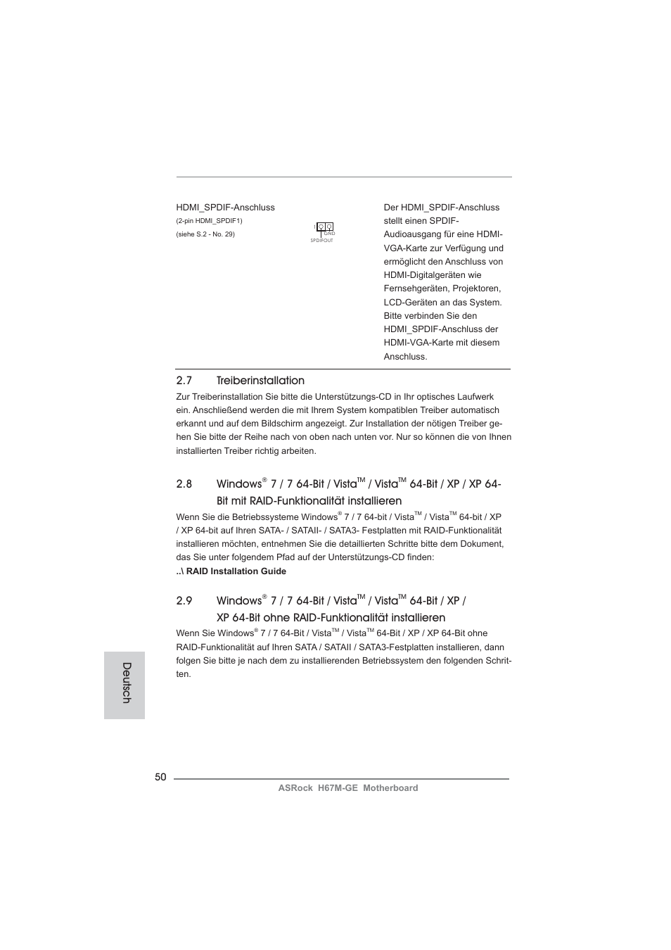 7 treiberinstallation, 9 windows, 7 / 7 64-bit / vista | Vista, 8 windows, Deutsch | ASRock H67M-GE User Manual | Page 50 / 253