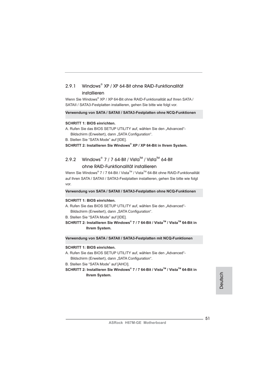 1 windows, Deutsch, 2 windows | 7 / 7 64-bit / vista, Vista, Bit ohne raid-funktionalität installieren | ASRock H67M-GE User Manual | Page 51 / 253