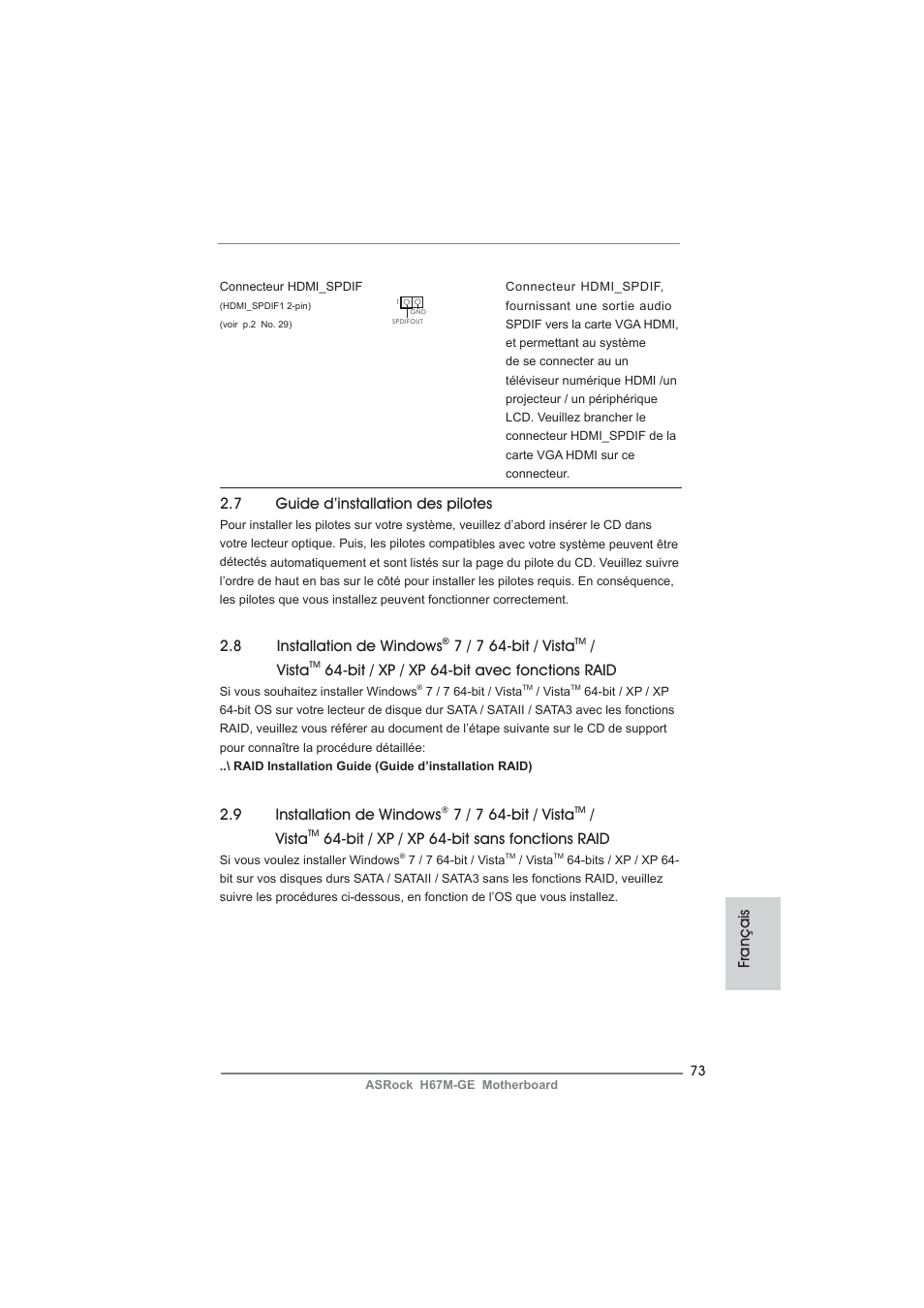 7 guide d’installation des pilotes, Français 2.9 installation de windows, 7 / 7 64-bit / vista | Vista, Bit / xp / xp 64-bit sans fonctions raid, 8 installation de windows, Bit / xp / xp 64-bit avec fonctions raid | ASRock H67M-GE User Manual | Page 73 / 253