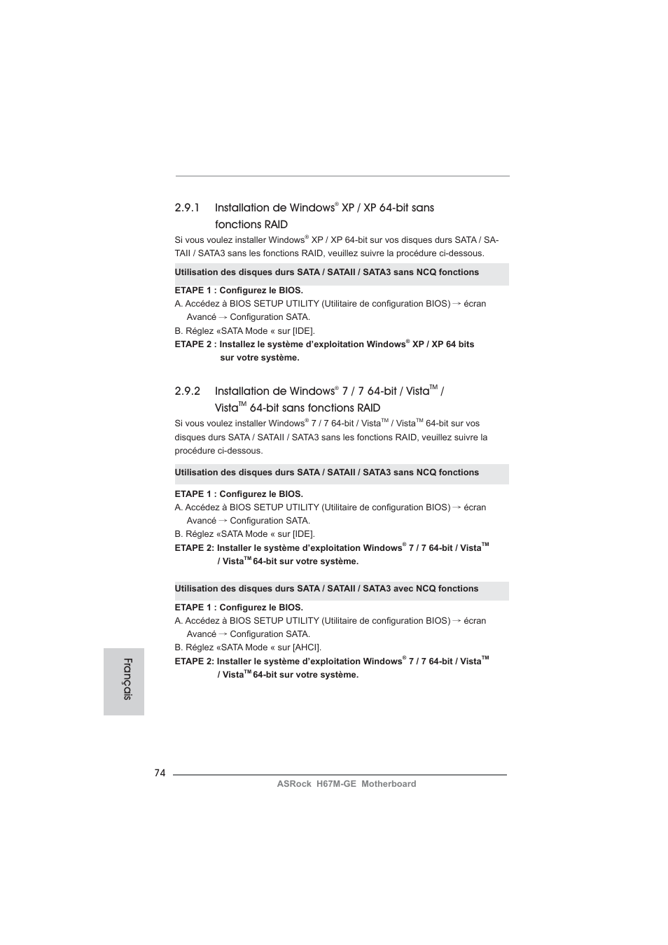 2 installation de windows, 7 / 7 64-bit / vista, Vista | Bit sans fonctions raid, Français, 1 installation de windows, Xp / xp 64-bit sans fonctions raid | ASRock H67M-GE User Manual | Page 74 / 253