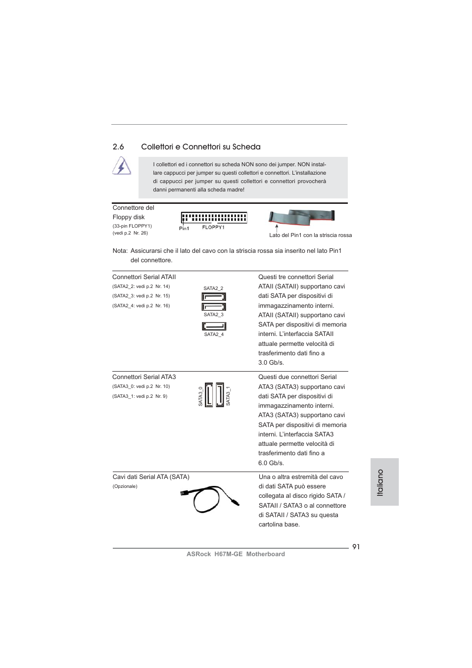 Italiano, 6 collettori e connettori su scheda | ASRock H67M-GE User Manual | Page 91 / 253