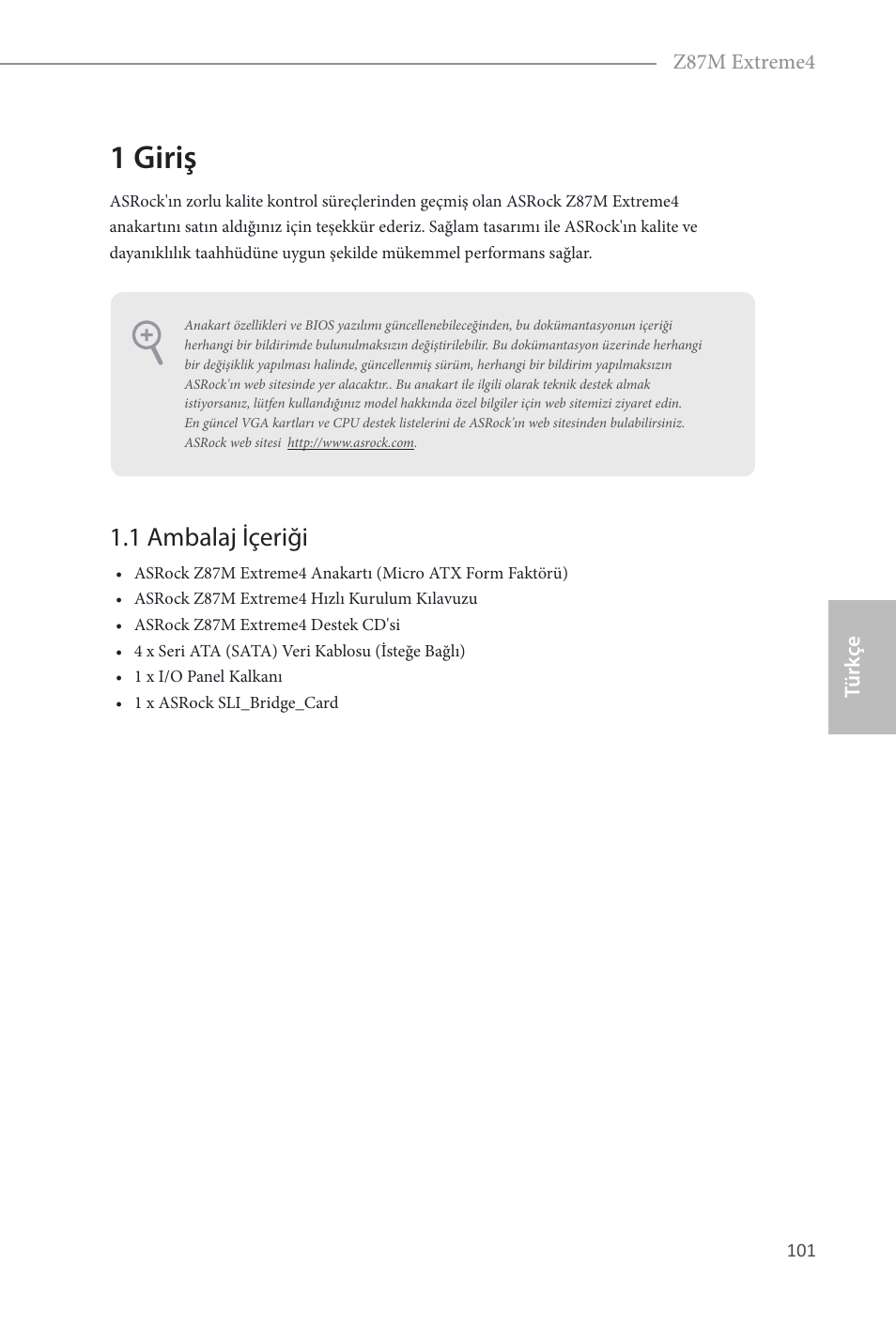 Turkish, 1 giriş, 1 ambalaj içeriği | ASRock Z87M Extreme4 User Manual | Page 103 / 175