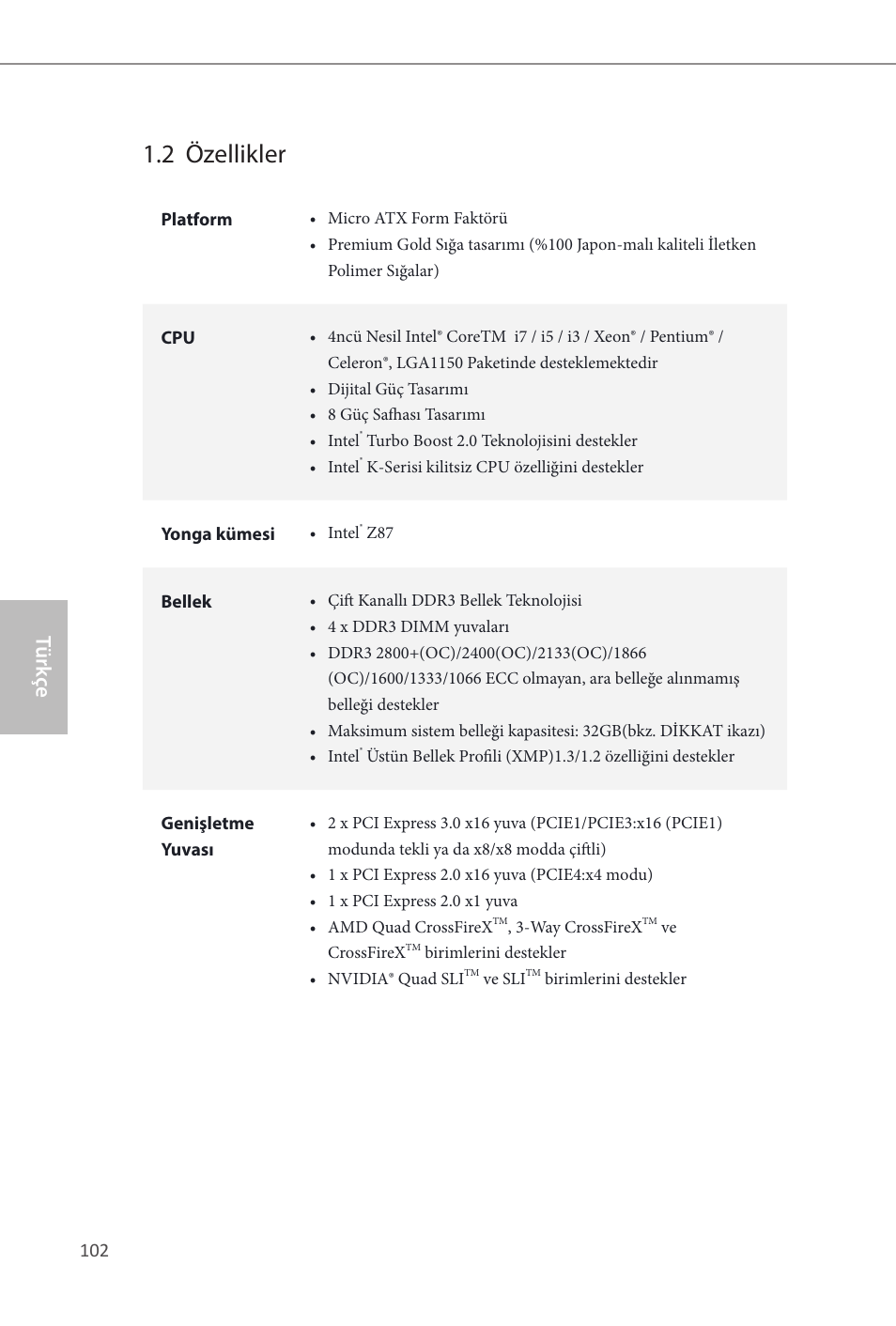 2 özellikler, Türk çe | ASRock Z87M Extreme4 User Manual | Page 104 / 175