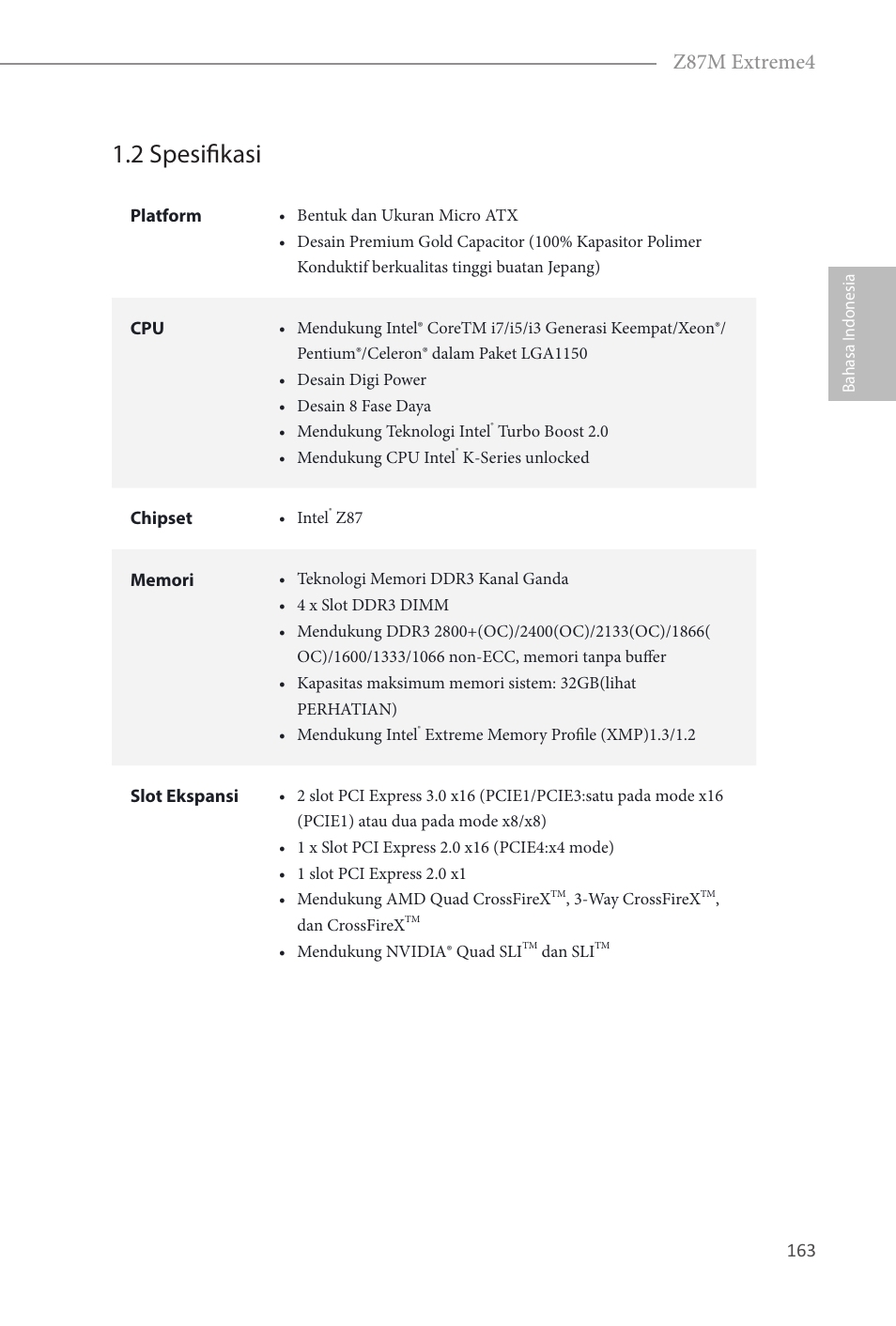 2 spesifikasi, Z87m extreme4 | ASRock Z87M Extreme4 User Manual | Page 165 / 175