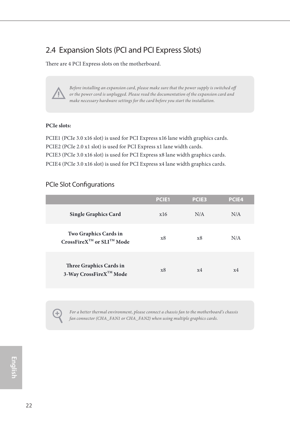 4 expansion slots (pci and pci express slots), English, Pcie slot configurations | ASRock Z87M Extreme4 User Manual | Page 24 / 175