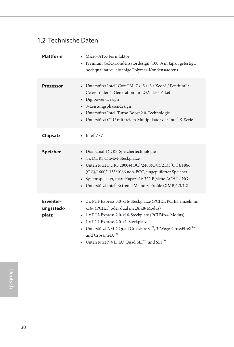 2 technische daten, Deutsch | ASRock Z87M Extreme4 User Manual | Page 32 / 175