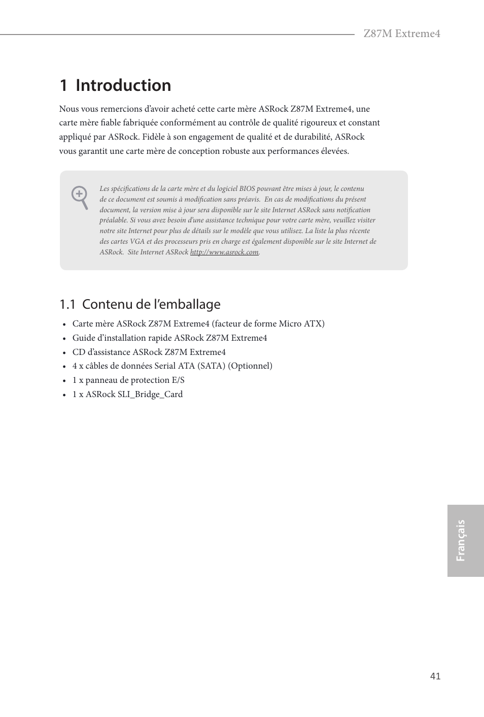 French, 1 introduction, 1 contenu de l’emballage | ASRock Z87M Extreme4 User Manual | Page 43 / 175