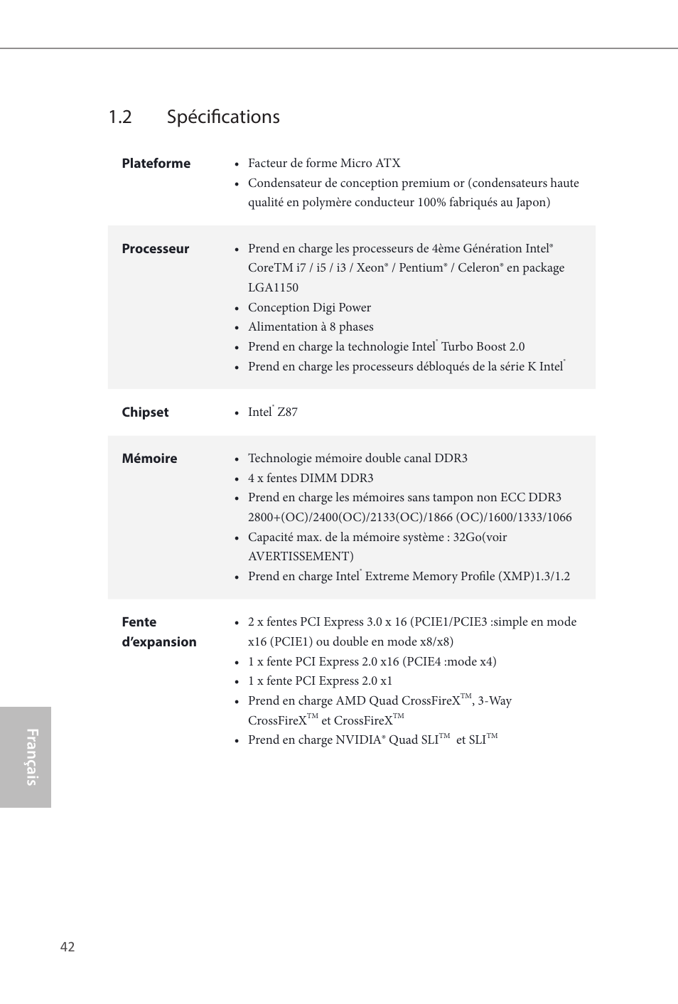 2 spécifications, Fr ançais français | ASRock Z87M Extreme4 User Manual | Page 44 / 175