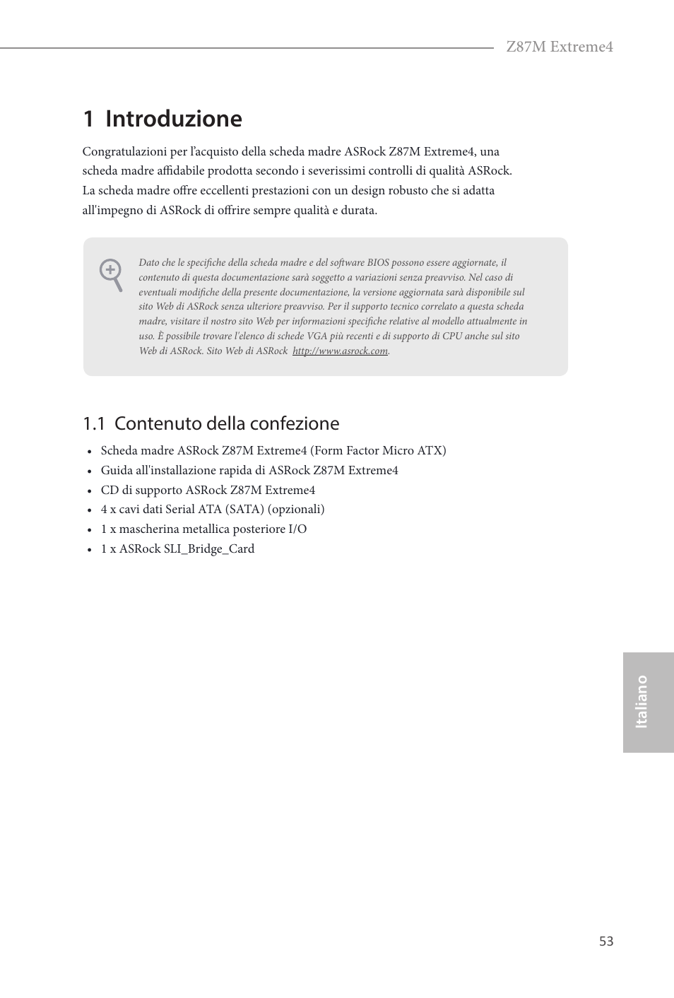 Italian, 1 introduzione, 1 contenuto della confezione | ASRock Z87M Extreme4 User Manual | Page 55 / 175