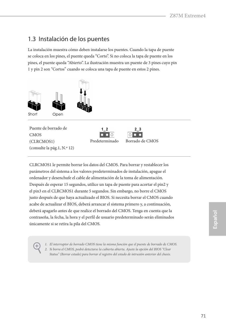 3 instalación de los puentes, Español z87m extreme4 | ASRock Z87M Extreme4 User Manual | Page 73 / 175
