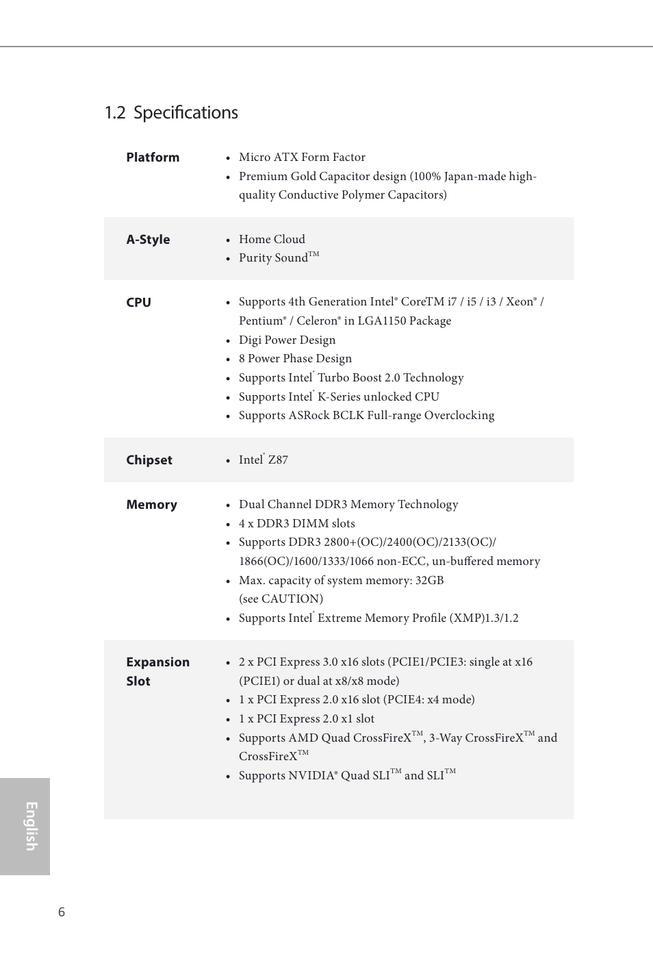 2 specifications, English | ASRock Z87M Extreme4 User Manual | Page 8 / 175