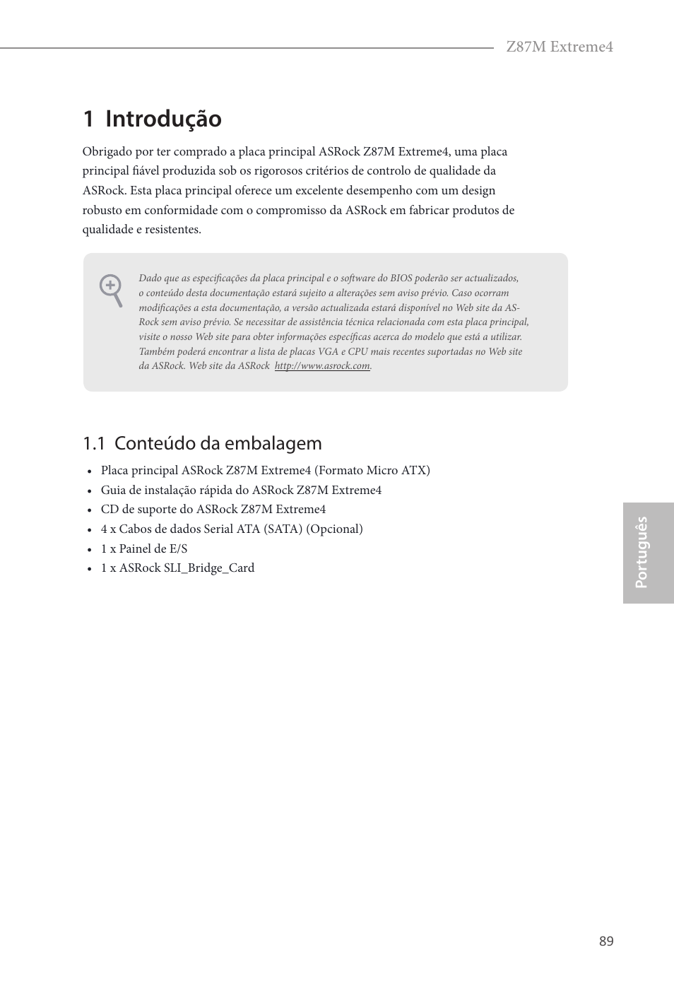 Portuguese, 1 introdução, 1 conteúdo da embalagem | ASRock Z87M Extreme4 User Manual | Page 91 / 175