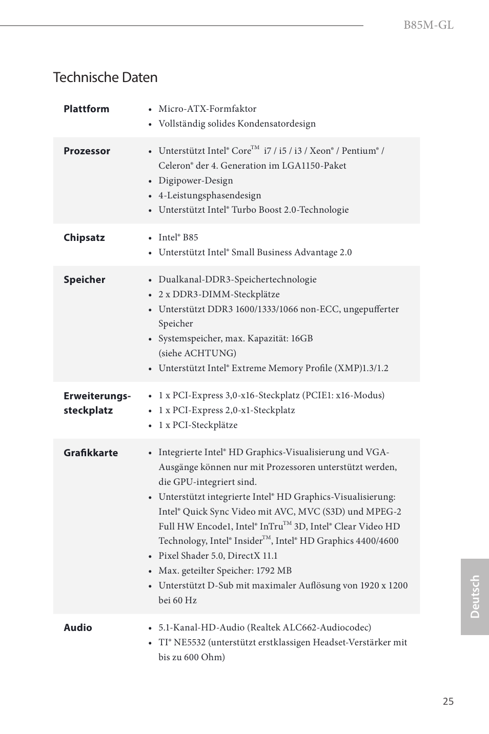 German, Technische daten, B85m-gl | Deutsch | ASRock B85M-GL User Manual | Page 27 / 77