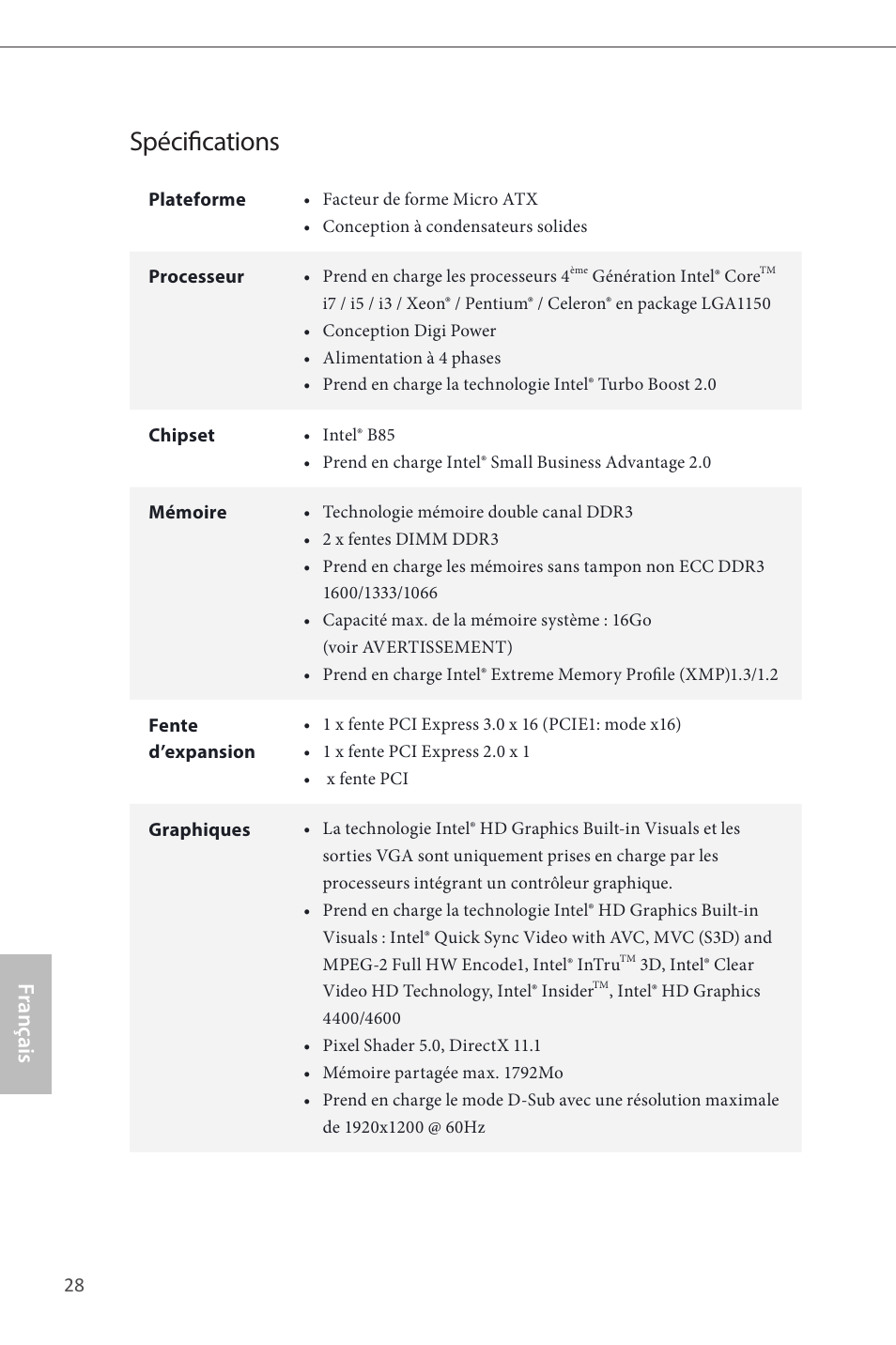 French, Spécifications, Français | ASRock B85M-GL User Manual | Page 30 / 77