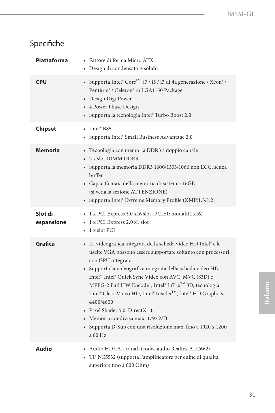 Italian, Specifiche, B85m-gl | Italiano | ASRock B85M-GL User Manual | Page 33 / 77