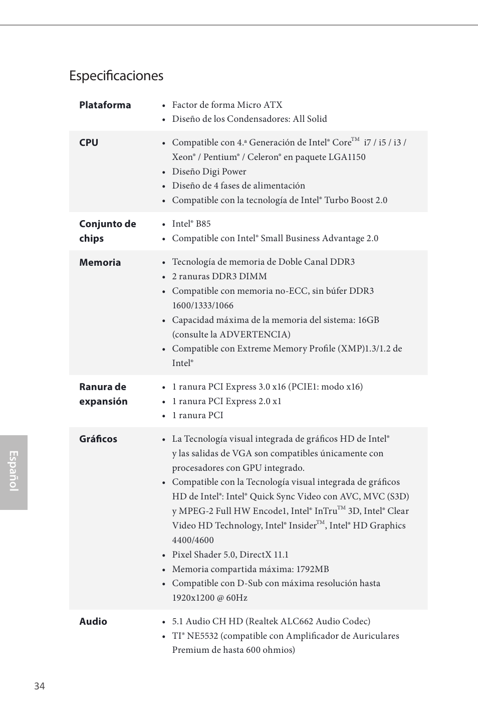 Spanish, Especificaciones, Español | ASRock B85M-GL User Manual | Page 36 / 77