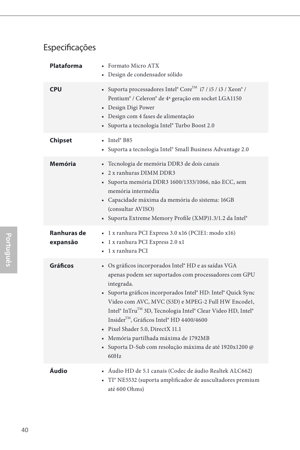 Portuguese, Especificações, Por tuguês | ASRock B85M-GL User Manual | Page 42 / 77