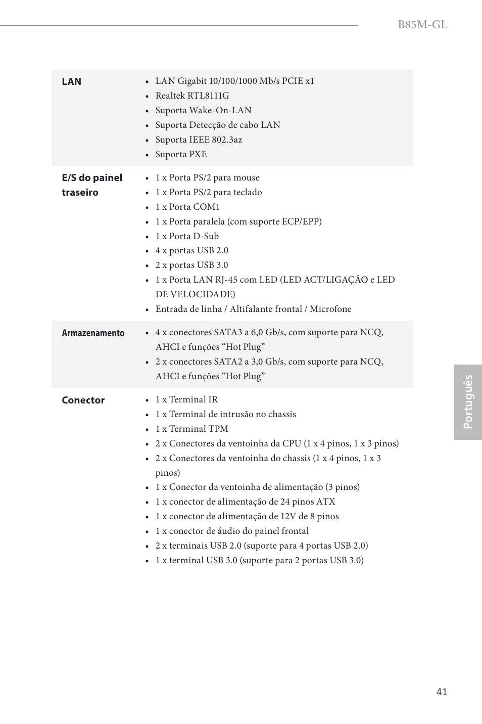 B85m-gl, Por tuguês | ASRock B85M-GL User Manual | Page 43 / 77