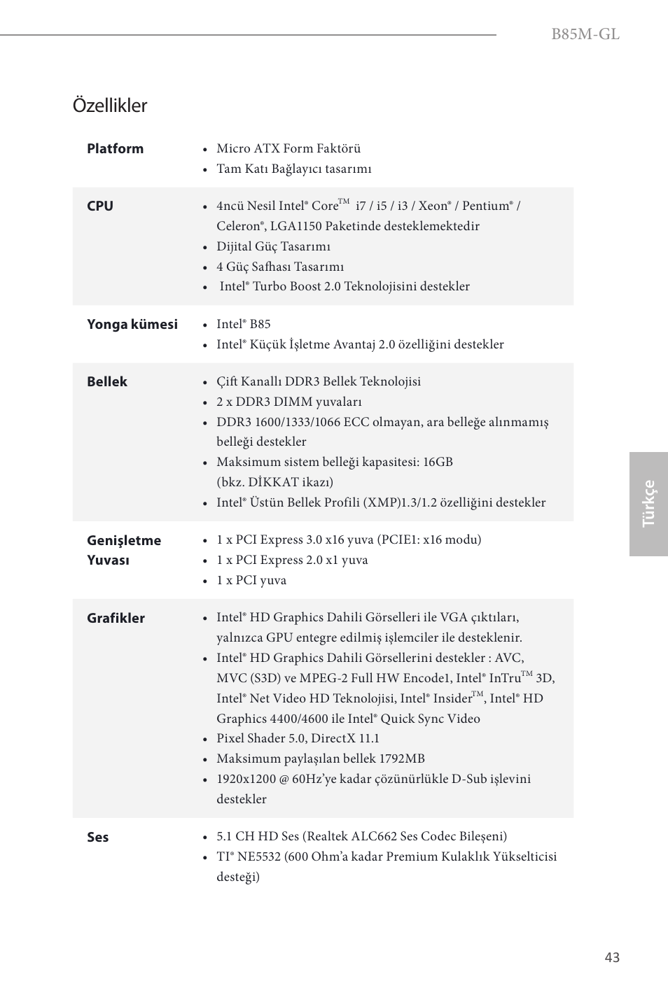 Turkish, Özellikler, B85m-gl | Türk çe | ASRock B85M-GL User Manual | Page 45 / 77