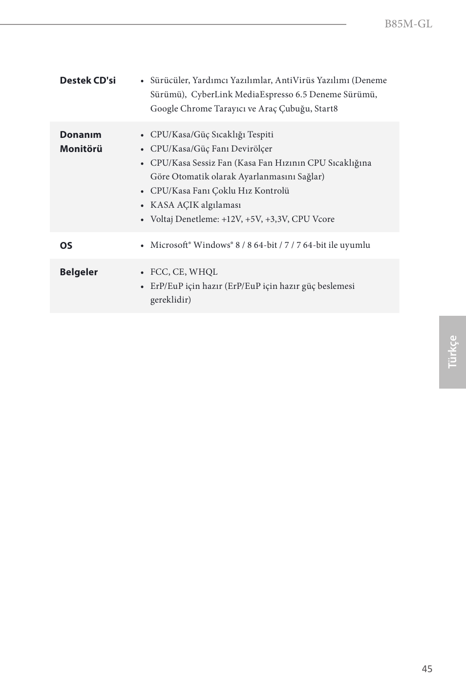 B85m-gl, Türk çe | ASRock B85M-GL User Manual | Page 47 / 77