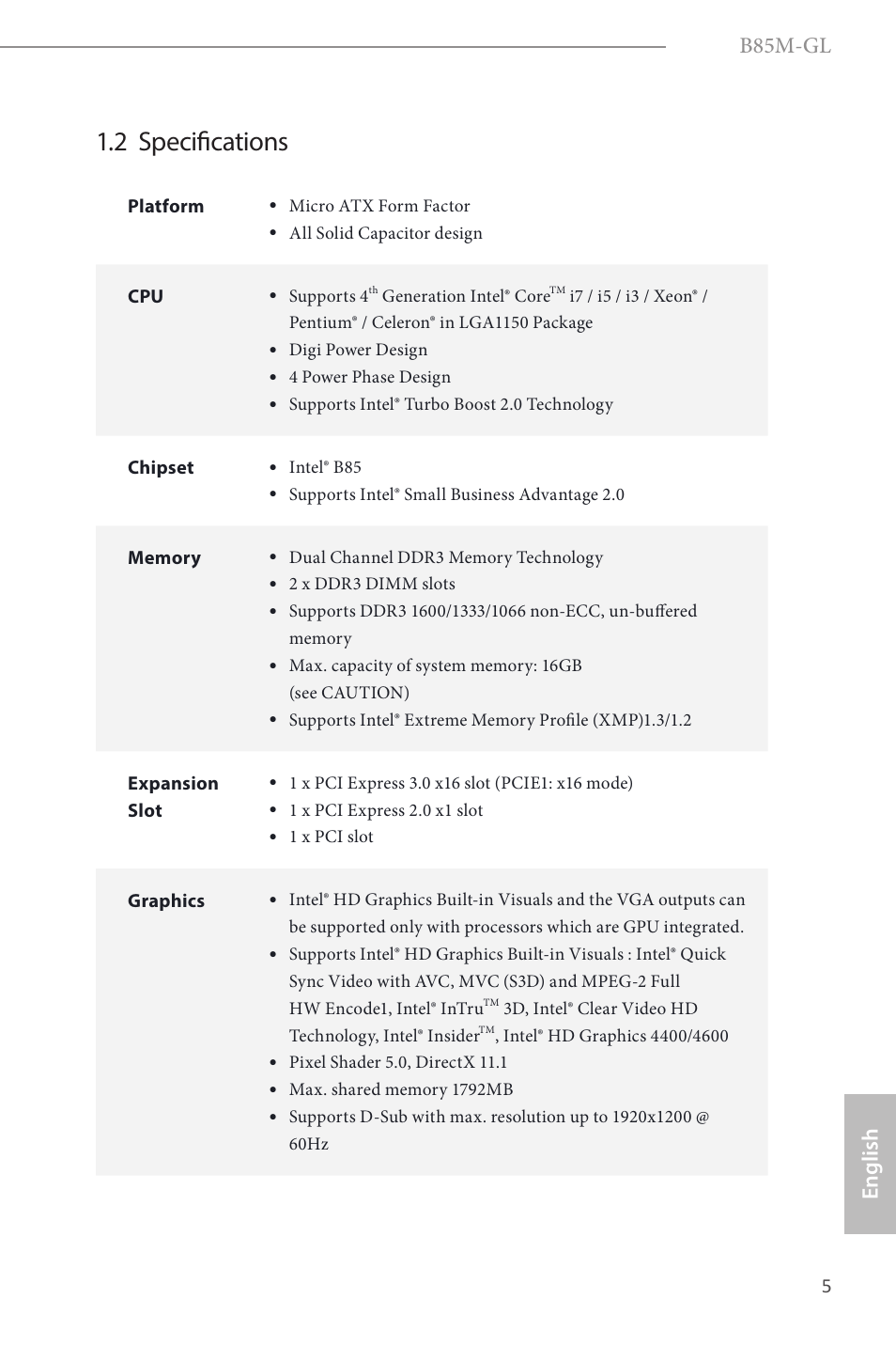 2 specifications, B85m-gl, English | ASRock B85M-GL User Manual | Page 7 / 77