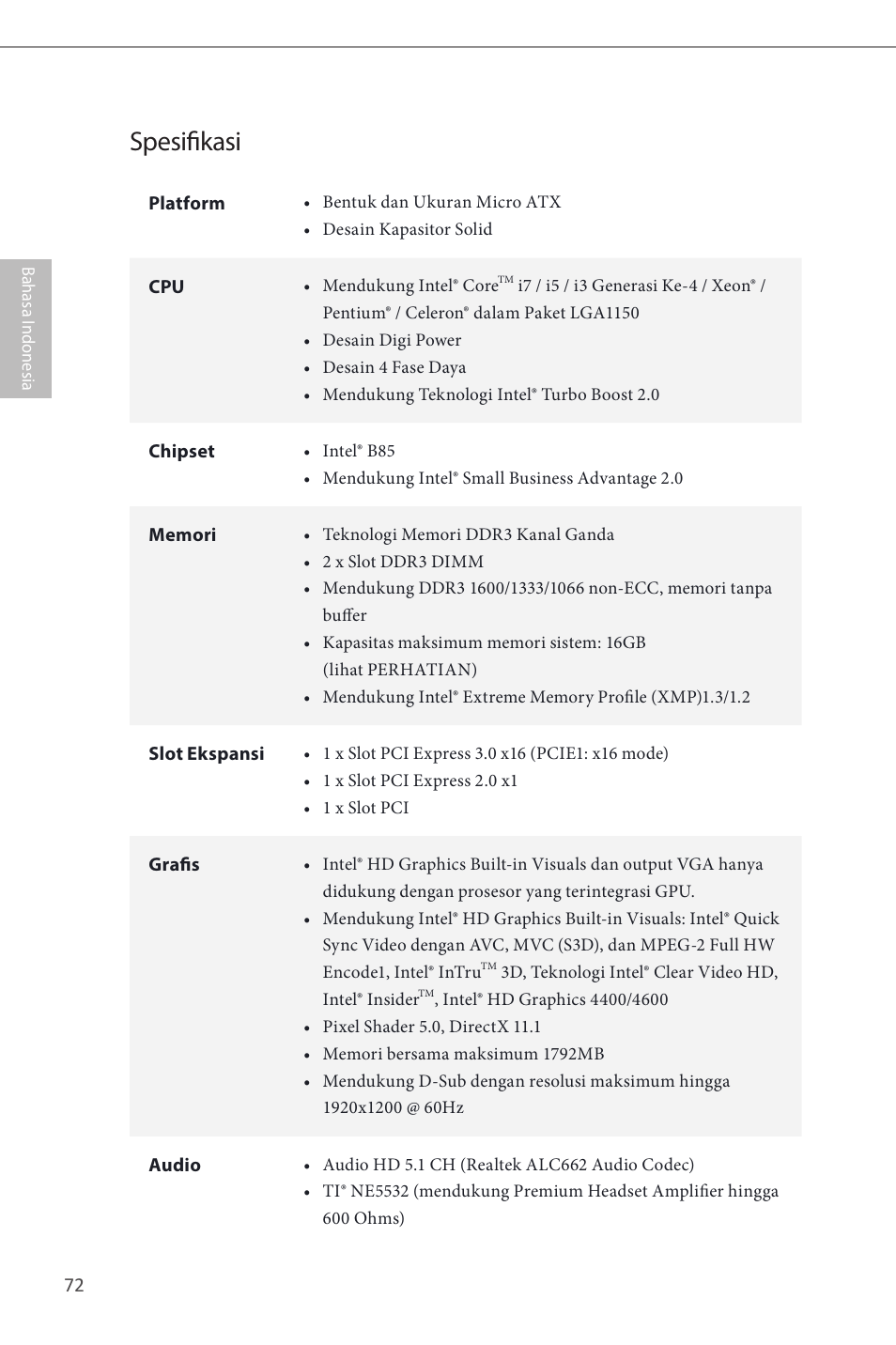 Indonesian, Spesifikasi | ASRock B85M-GL User Manual | Page 74 / 77