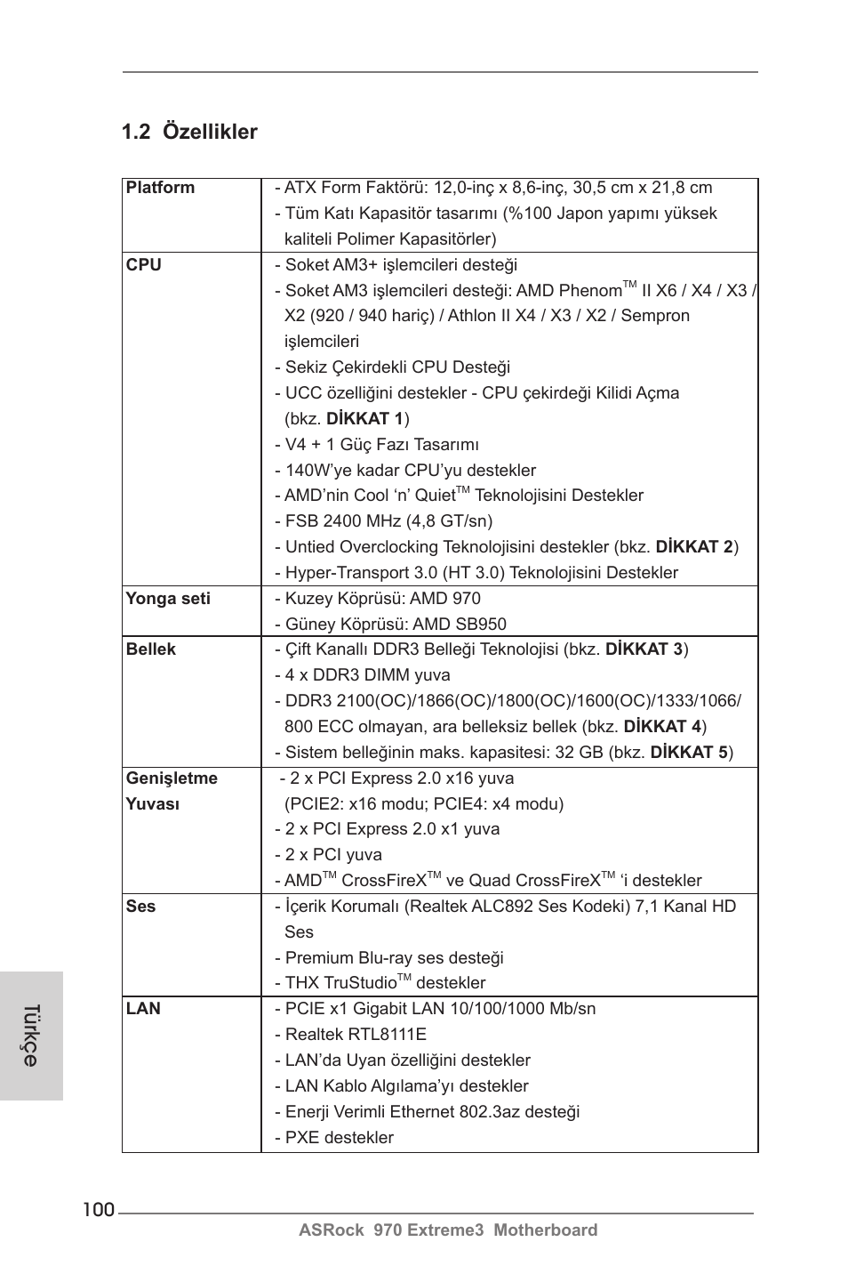 2 özellikler, Türkçe | ASRock 970 Extreme3 User Manual | Page 100 / 176