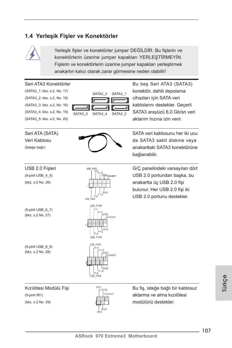 4 yerleşik fişler ve konektörler, Türkçe | ASRock 970 Extreme3 User Manual | Page 107 / 176