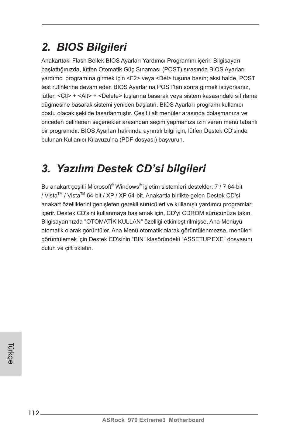 Bios bilgileri, Yazılım destek cd’si bilgileri, Türkçe | ASRock 970 Extreme3 User Manual | Page 112 / 176