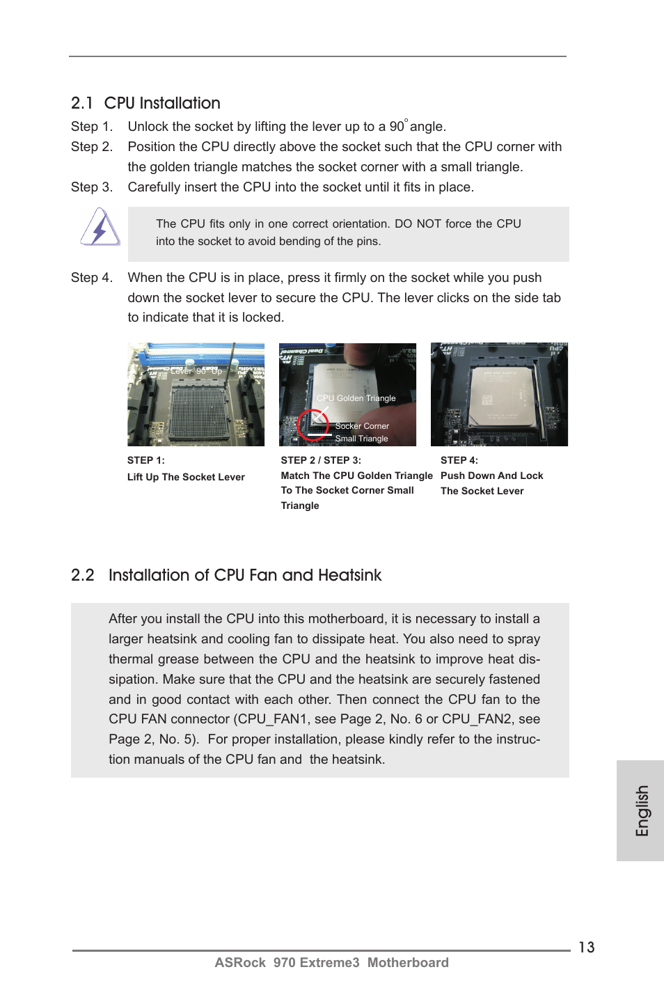 English, 1 cpu installation, 2 installation of cpu fan and heatsink | ASRock 970 Extreme3 User Manual | Page 13 / 176