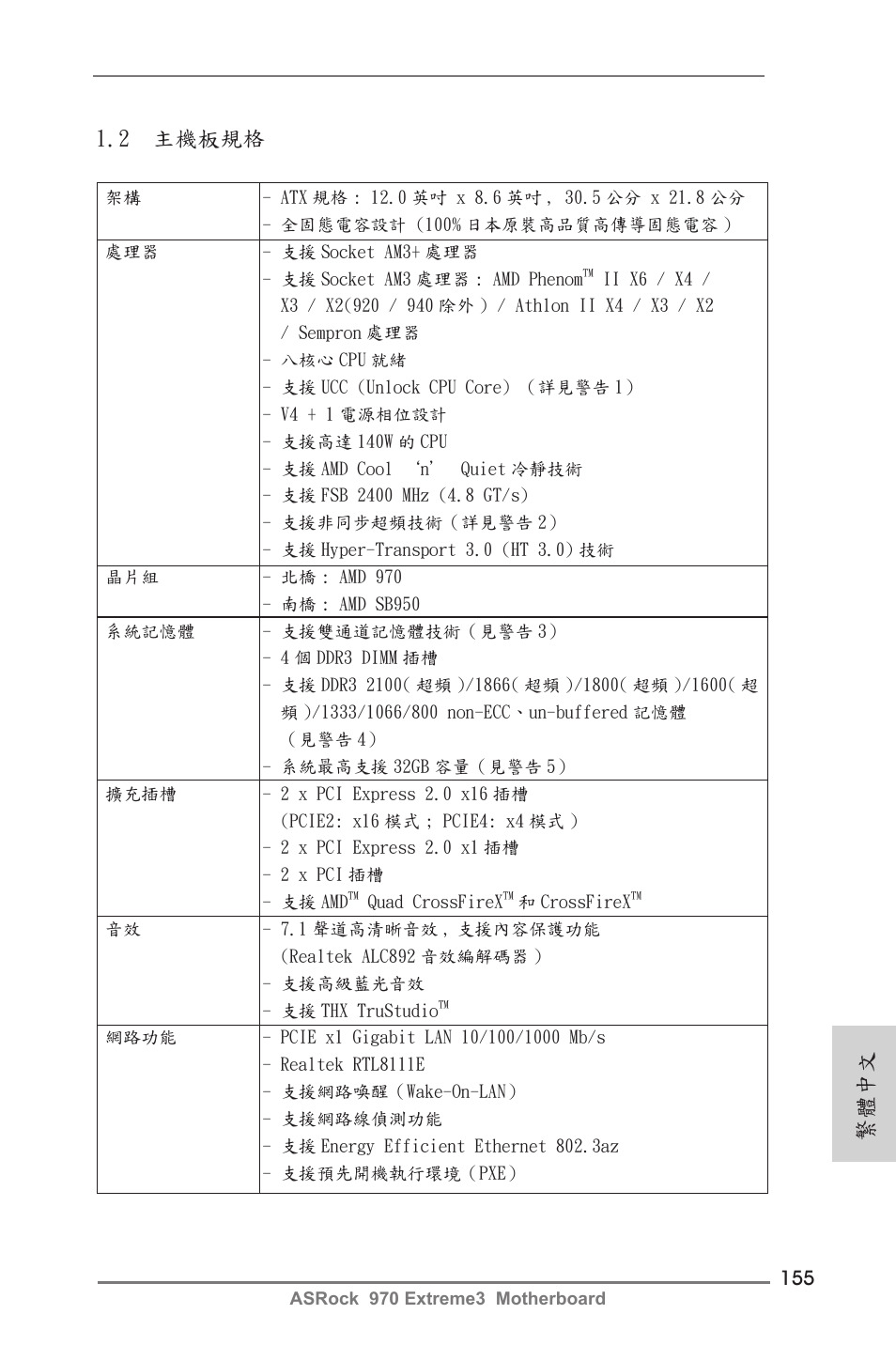 繁體中文 1.2 主機板規格 | ASRock 970 Extreme3 User Manual | Page 155 / 176