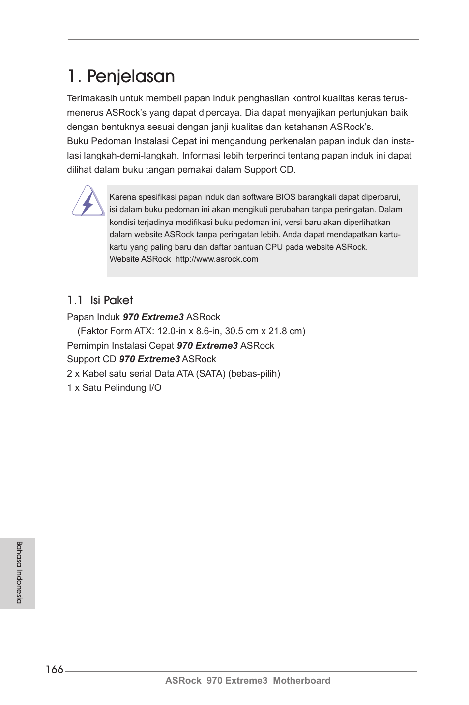 Indonesian, Penjelasan, 1 isi paket | ASRock 970 Extreme3 User Manual | Page 166 / 176