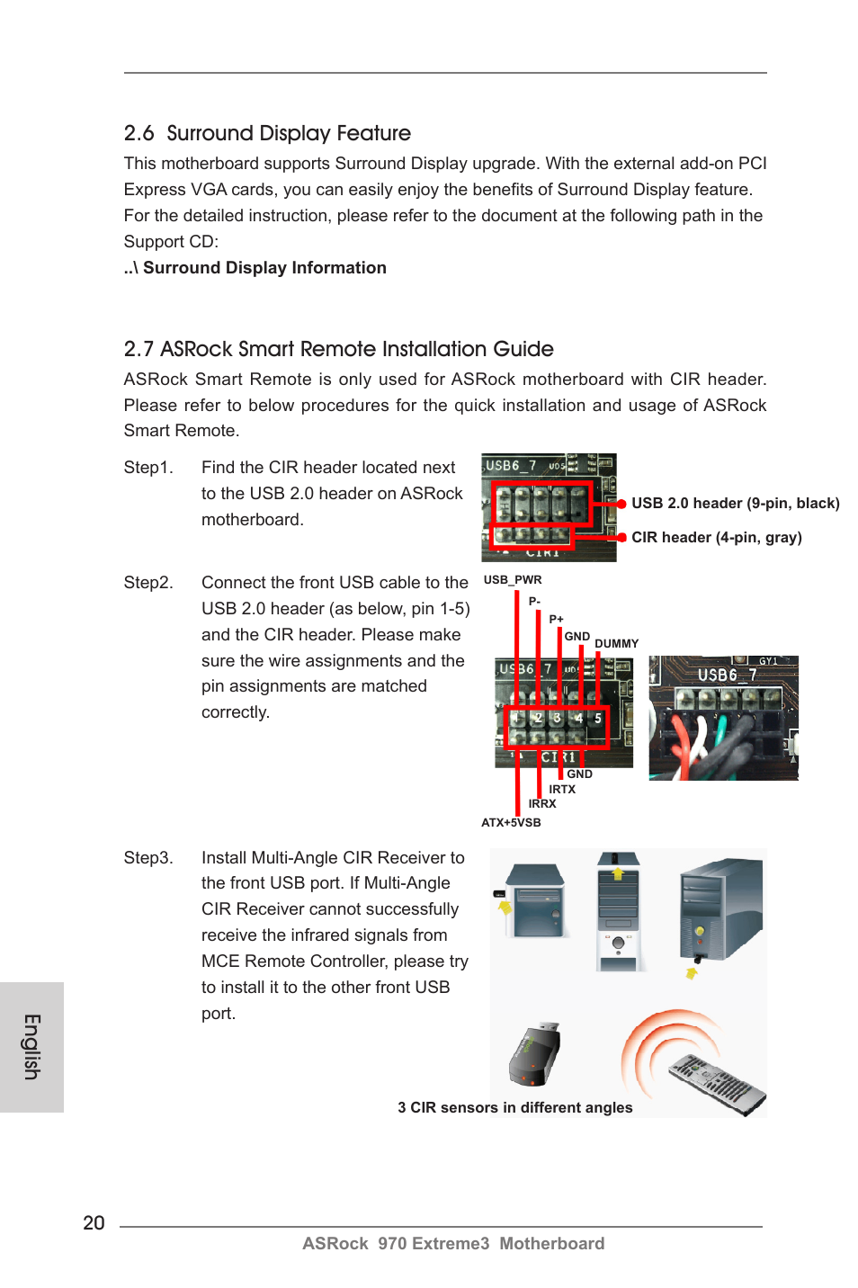 English, 7 asrock smart remote installation guide, 6 surround display feature | ASRock 970 Extreme3 User Manual | Page 20 / 176