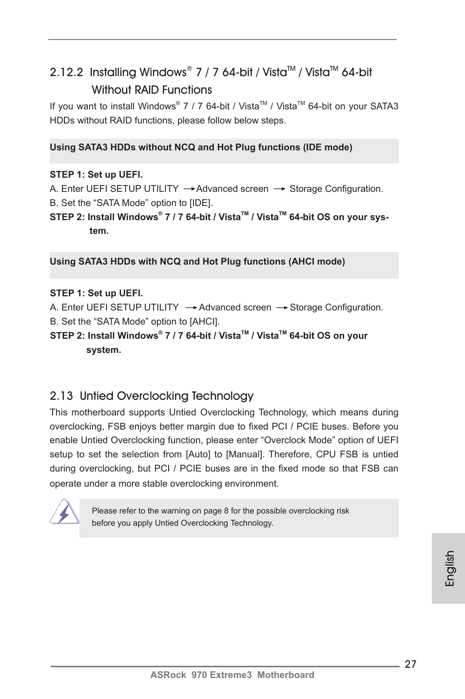 English, 2 installing windows, 7 / 7 64-bit / vista | Vista, Bit without raid functions, 13 untied overclocking technology | ASRock 970 Extreme3 User Manual | Page 27 / 176
