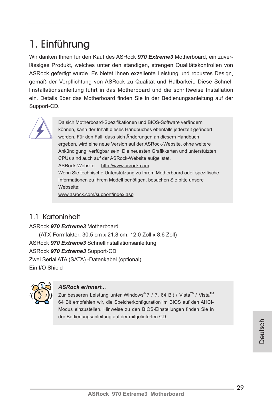 German, Einführung, Deutsch | 1 kartoninhalt | ASRock 970 Extreme3 User Manual | Page 29 / 176