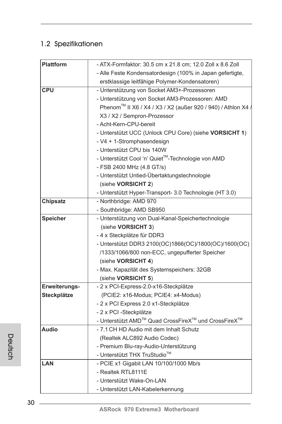 2 spezifikationen, Deutsch | ASRock 970 Extreme3 User Manual | Page 30 / 176