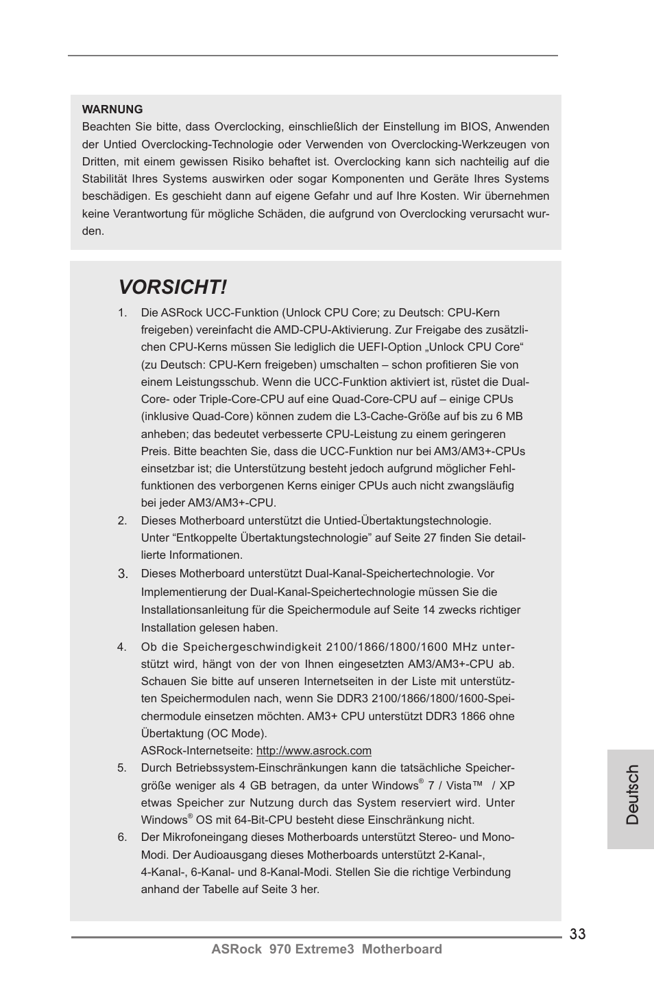 Vorsicht, Deutsch | ASRock 970 Extreme3 User Manual | Page 33 / 176