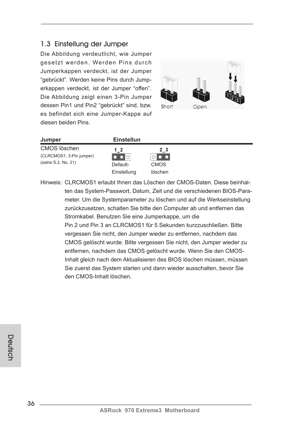 Deutsch 1.3 einstellung der jumper | ASRock 970 Extreme3 User Manual | Page 36 / 176