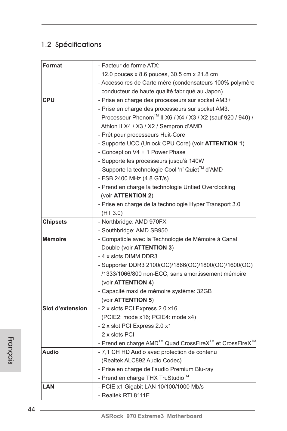 Français 1.2 spécifications | ASRock 970 Extreme3 User Manual | Page 44 / 176