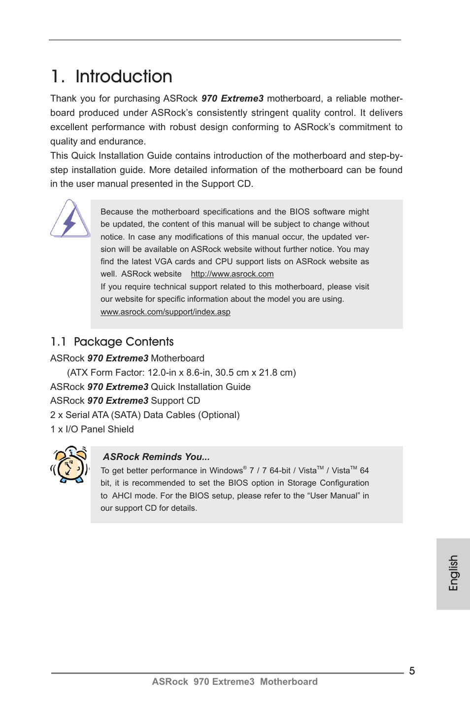 Introduction, English, 1 package contents | ASRock 970 Extreme3 User Manual | Page 5 / 176