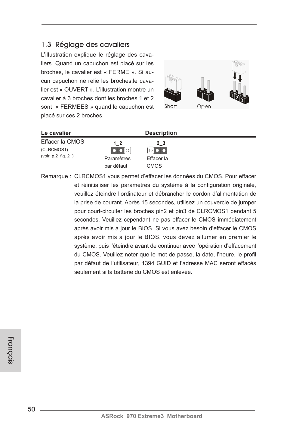 3 réglage des cavaliers, Français | ASRock 970 Extreme3 User Manual | Page 50 / 176