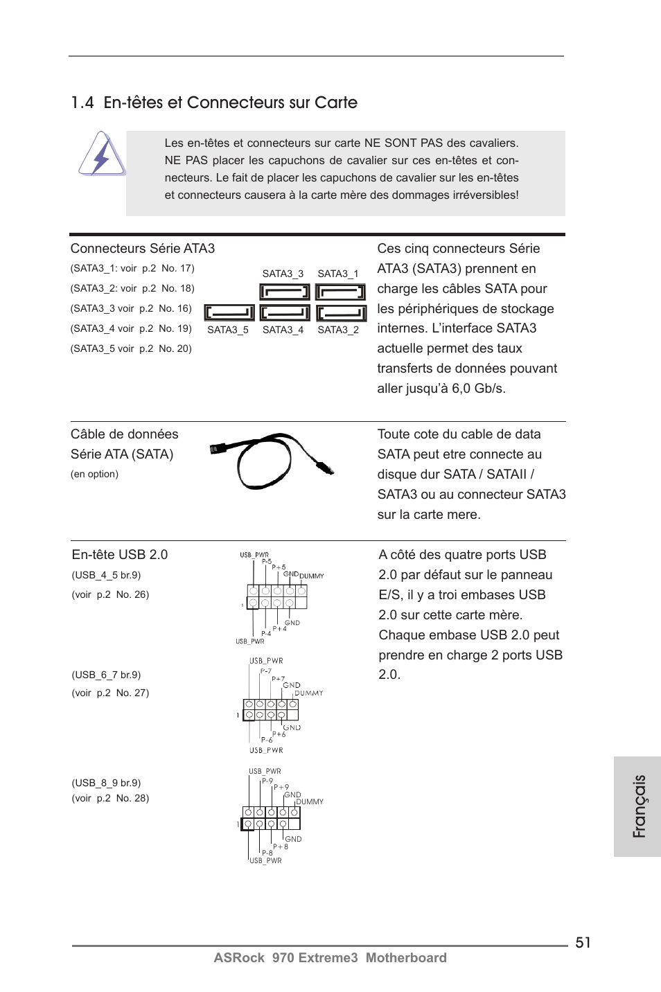 Français, 4 en-têtes et connecteurs sur carte | ASRock 970 Extreme3 User Manual | Page 51 / 176